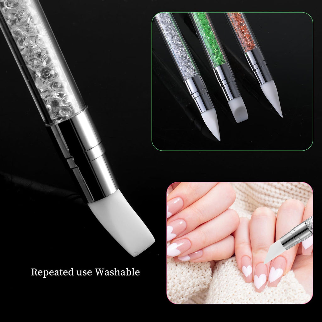 3 bolígrafos de escultura para arte de uñas, herramientas de uñas de silicona de doble punta, cabeza de silicona, pinceles de arte de uñas con mango acrílico, bolígrafo de tallado de esmalte de uñas | Silicone Head Acrylic Handle Nail Art Brushes, Rhinest