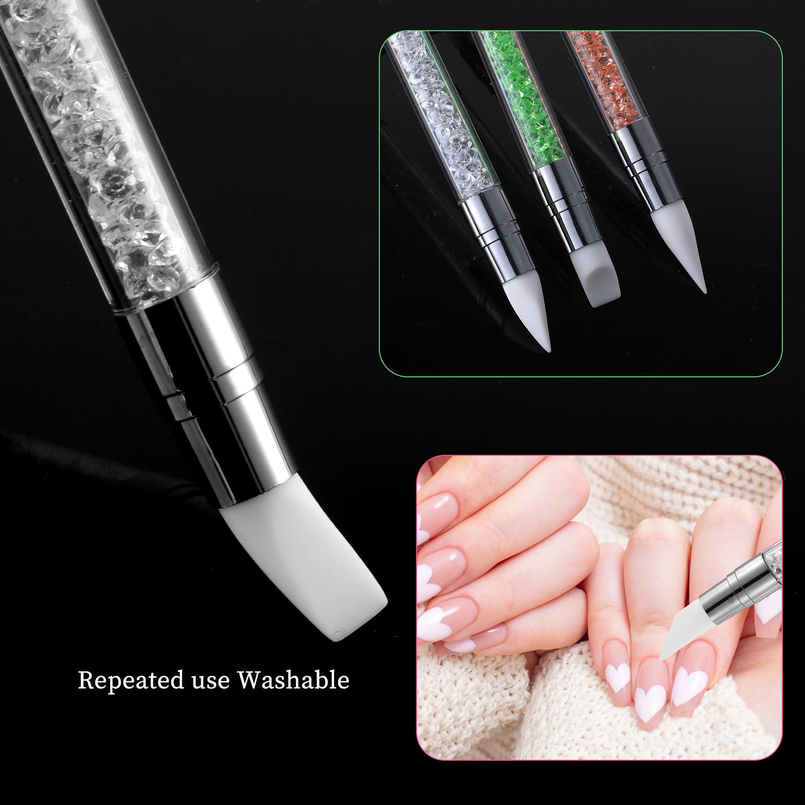 3 bolígrafos de escultura para arte de uñas, herramientas de uñas de silicona de doble punta, cabeza de silicona, pinceles de arte de uñas con mango acrílico, bolígrafo de tallado de esmalte de uñas | Silicone Head Acrylic Handle Nail Art Brushes, Rhinest