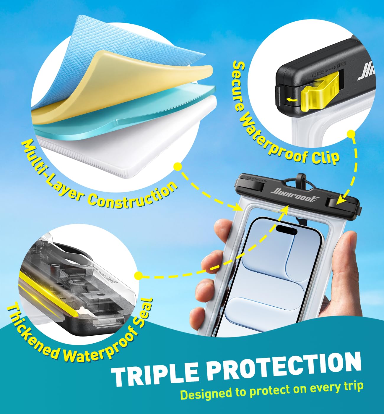 Hiearcool Funda impermeable IPX8 para iPhone 17/16/15/14 Pro Max, bolsa seca para teléfono celular para artículos esenciales de playa y crucero, pantalla táctil, cordón incluido, paquete de 2 (se adapta a hasta 8.9 pulgadas)