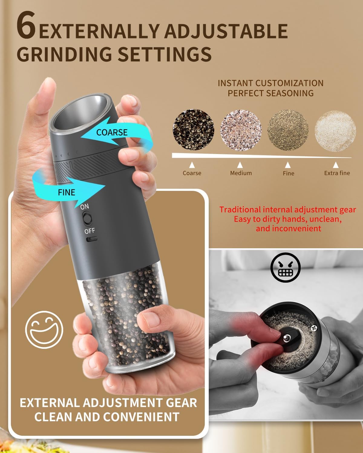 CIRCLE JOY Gravity - Juego de molinillo eléctrico de sal y pimienta con luz LED, funciona con pilas, grosor ajustable, gran capacidad, para el hogar, cocina, barbacoa
