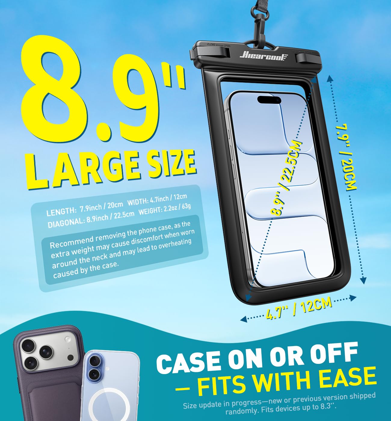 Hiearcool Funda impermeable IPX8 para iPhone 17/16/15/14 Pro Max, bolsa seca para teléfono celular para artículos esenciales de playa y crucero, pantalla táctil, cordón incluido, paquete de 2 (se adapta a hasta 8.9 pulgadas)