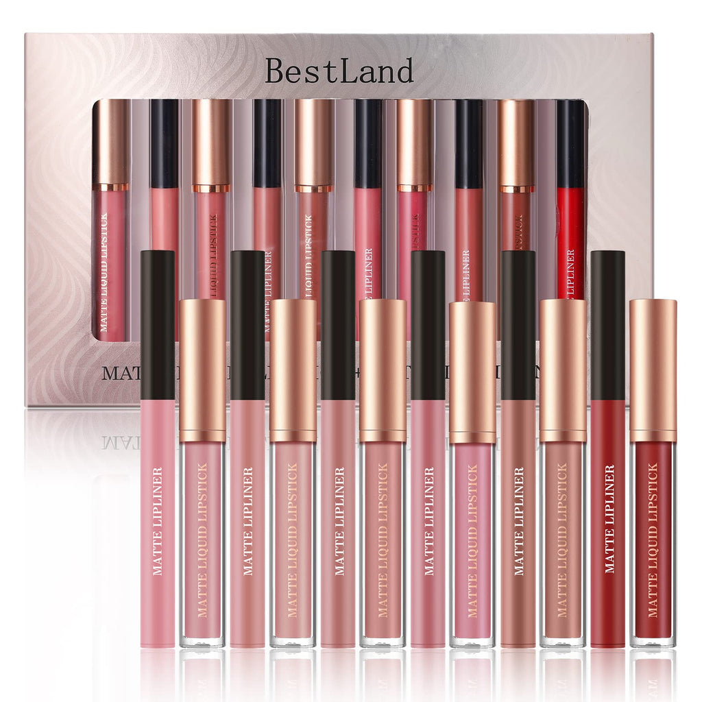 BestLand 12Pcs Matte Liquid Lipstick + Lip Liner Pens Set, Velvety Nude Lip Stain Waterproof Long Wear Makeup Gift Set
