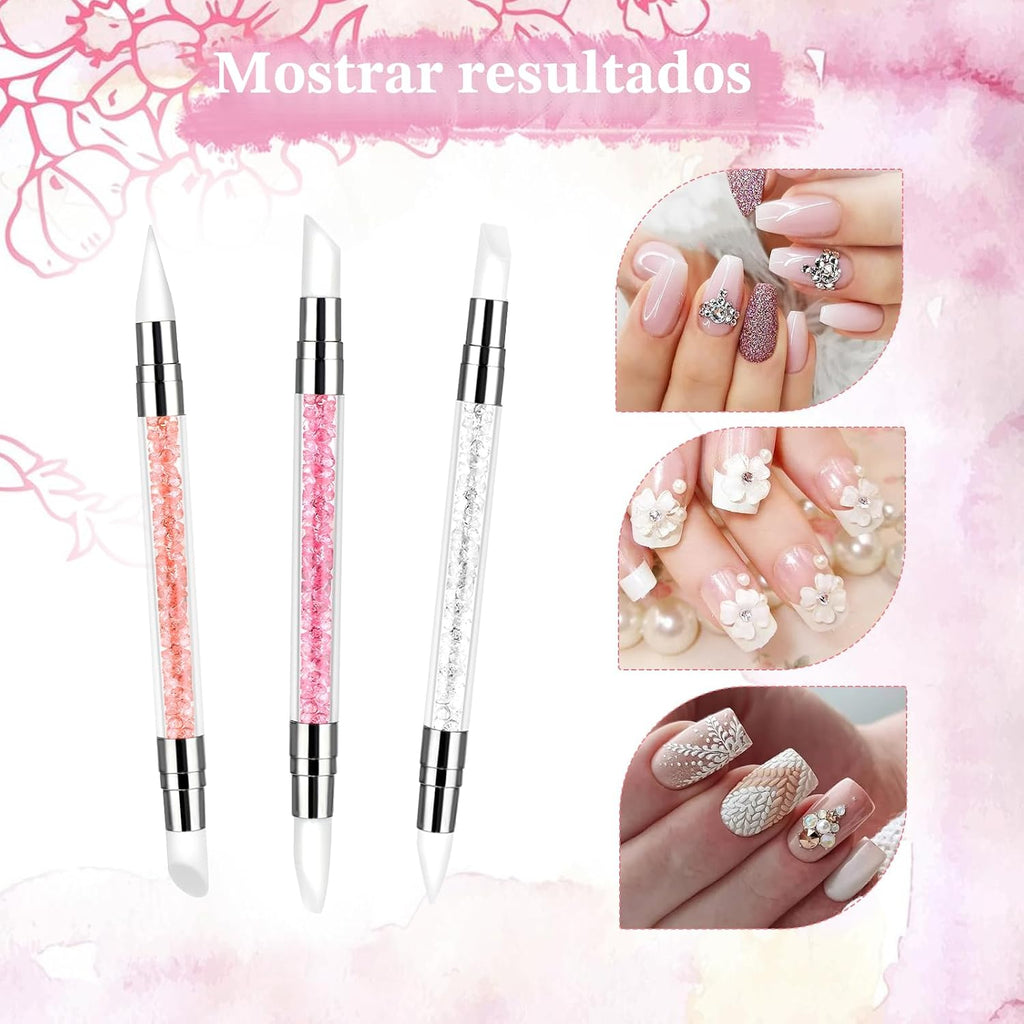3 bolígrafos de escultura para arte de uñas, herramientas de uñas de silicona de doble punta, cabeza de silicona, pinceles de arte de uñas con mango acrílico, bolígrafo de tallado de esmalte de uñas | Silicone Head Acrylic Handle Nail Art Brushes, Rhinest