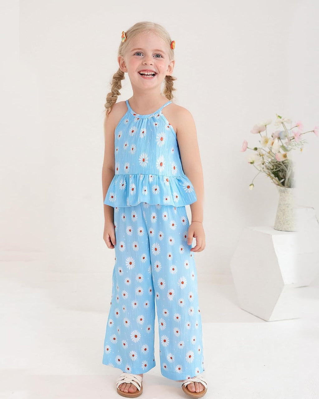 Kucnuzki Ropa de bebé niña pequeña trajes de verano Cami volantes halter tops pantalones de pierna ancha niños conjunto de ropa floral
