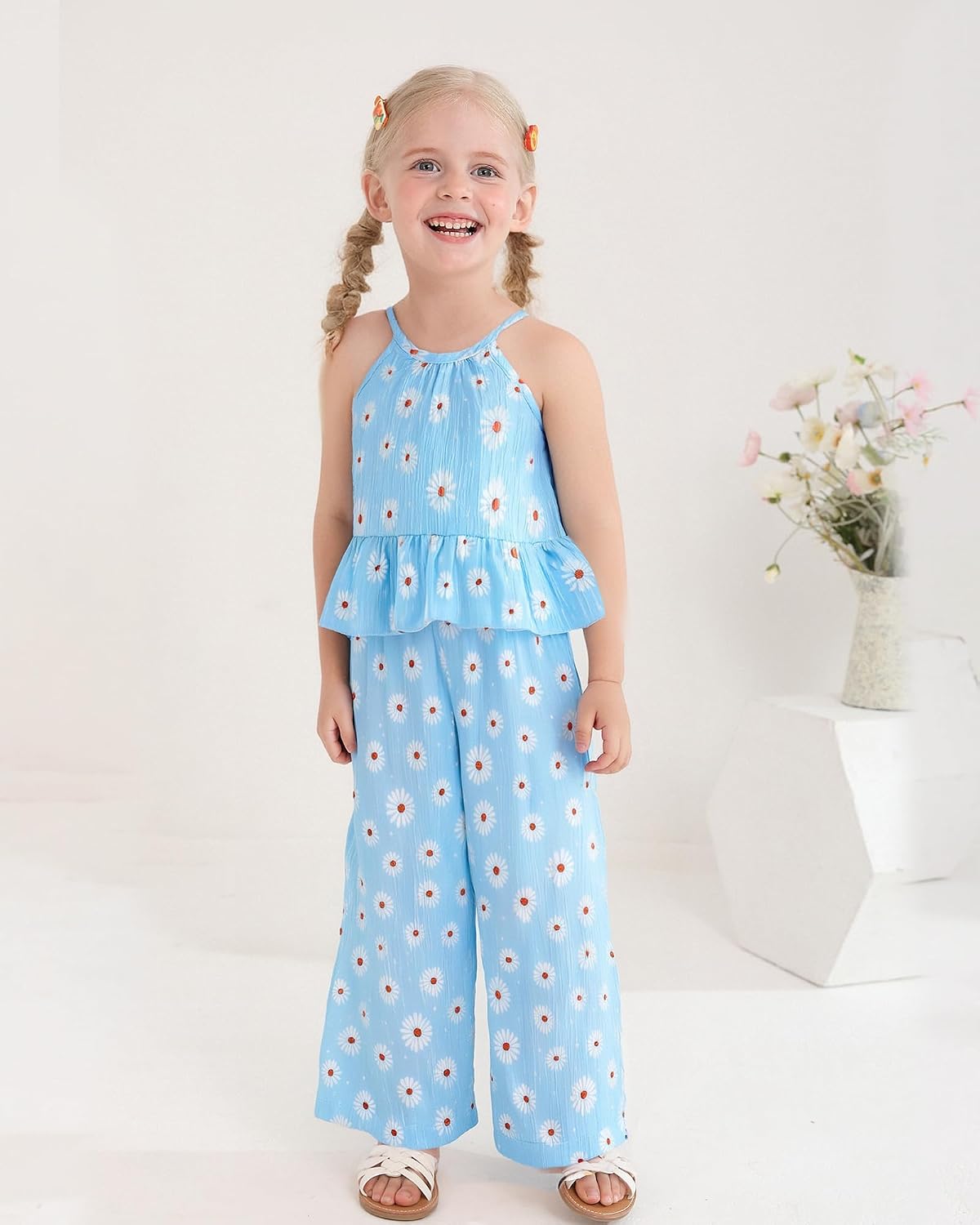 Kucnuzki Ropa de bebé niña pequeña trajes de verano Cami volantes halter tops pantalones de pierna ancha niños conjunto de ropa floral