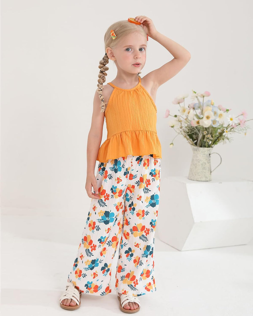 Kucnuzki Ropa de bebé niña pequeña trajes de verano Cami volantes halter tops pantalones de pierna ancha niños conjunto de ropa floral