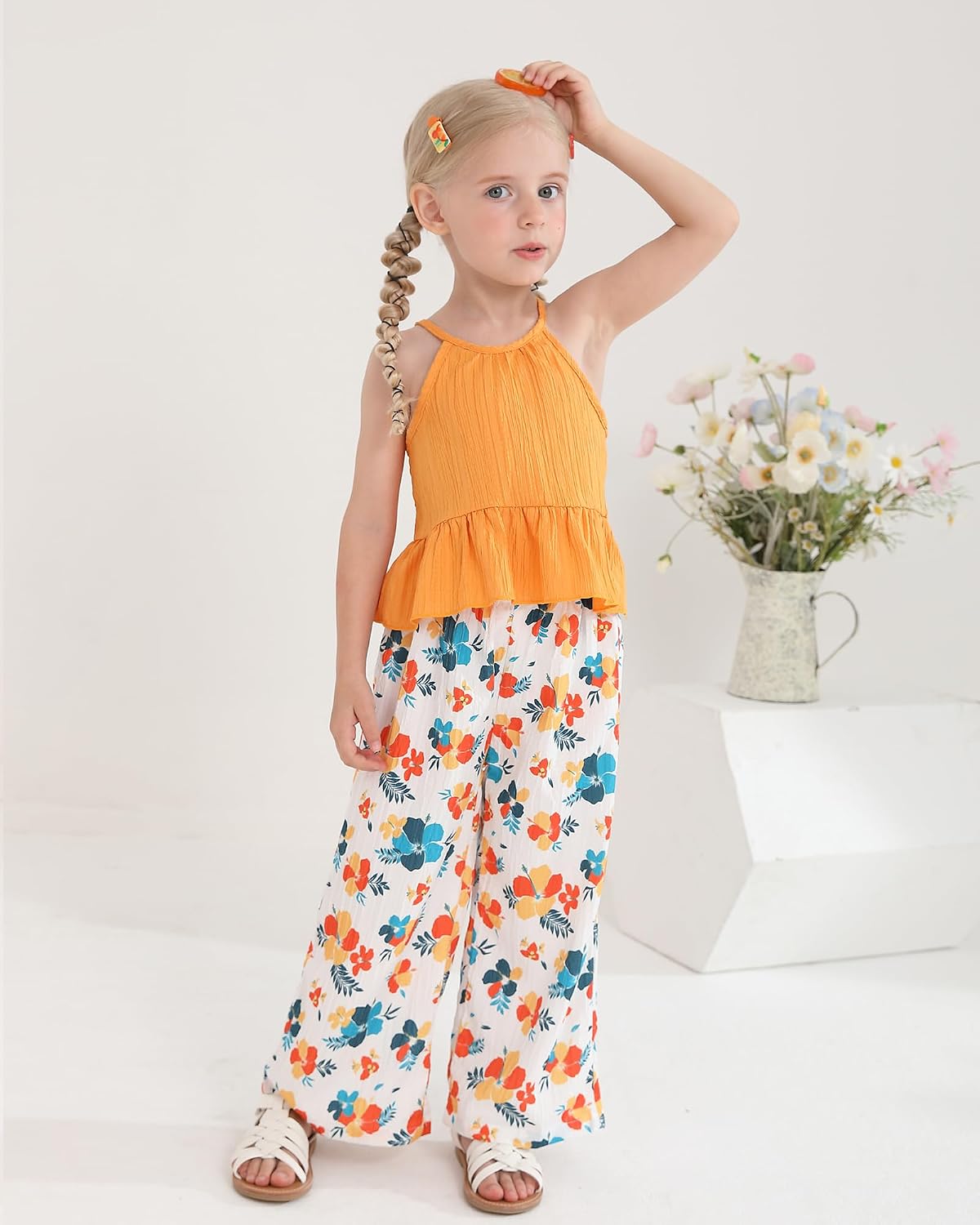 Kucnuzki Ropa de bebé niña pequeña trajes de verano Cami volantes halter tops pantalones de pierna ancha niños conjunto de ropa floral