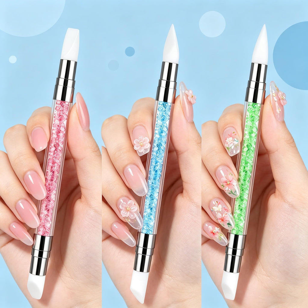 3 bolígrafos de escultura para arte de uñas, herramientas de uñas de silicona de doble punta, cabeza de silicona, pinceles de arte de uñas con mango acrílico, bolígrafo de tallado de esmalte de uñas | Silicone Head Acrylic Handle Nail Art Brushes, Rhinest