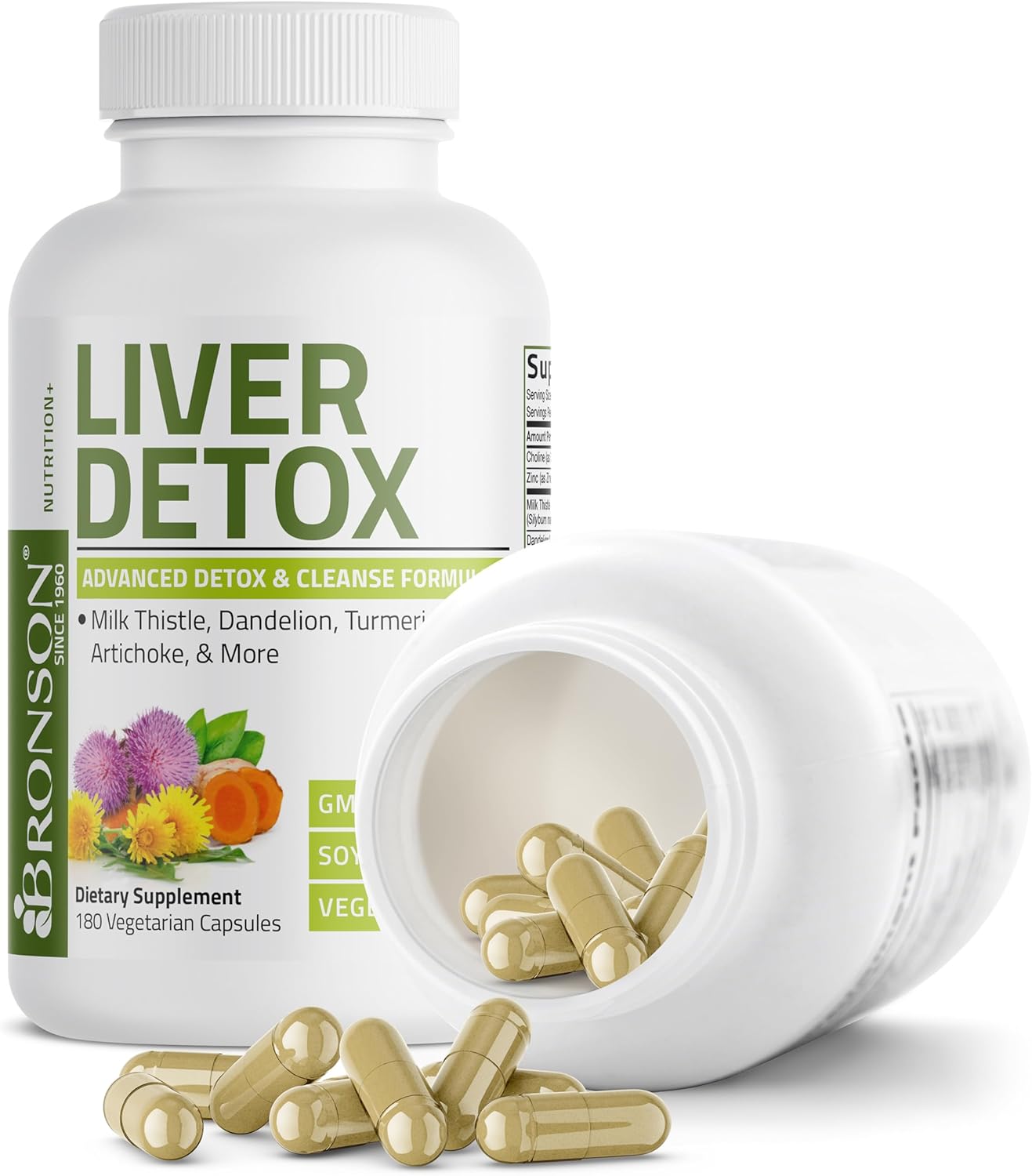 Bronson Desintoxicación Hepática Avanzada Fórmula de Limpieza y Descanso Apoya la Función Saludable del Hígado con Cardo Mariano, Raíz de Diente de León, Cúrcuma, Hoja de Alcachofa y Más, Sin GMO, 60 | Liver Health Support with Milk Thistle, Dandelion Ext