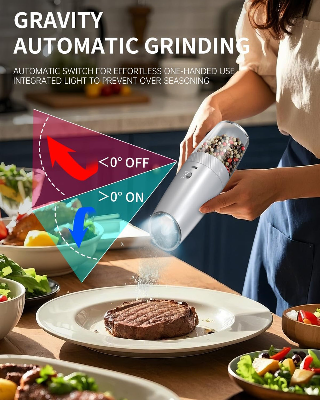 CIRCLE JOY Gravity - Juego de molinillo eléctrico de sal y pimienta con luz LED, funciona con pilas, grosor ajustable, gran capacidad, para el hogar, cocina, barbacoa