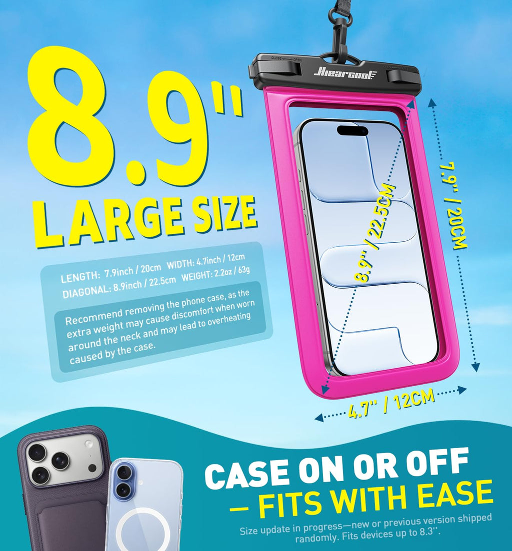 Hiearcool Funda impermeable IPX8 para iPhone 17/16/15/14 Pro Max, bolsa seca para teléfono celular para artículos esenciales de playa y crucero, pantalla táctil, cordón incluido, paquete de 2 (se adapta a hasta 8.9 pulgadas)