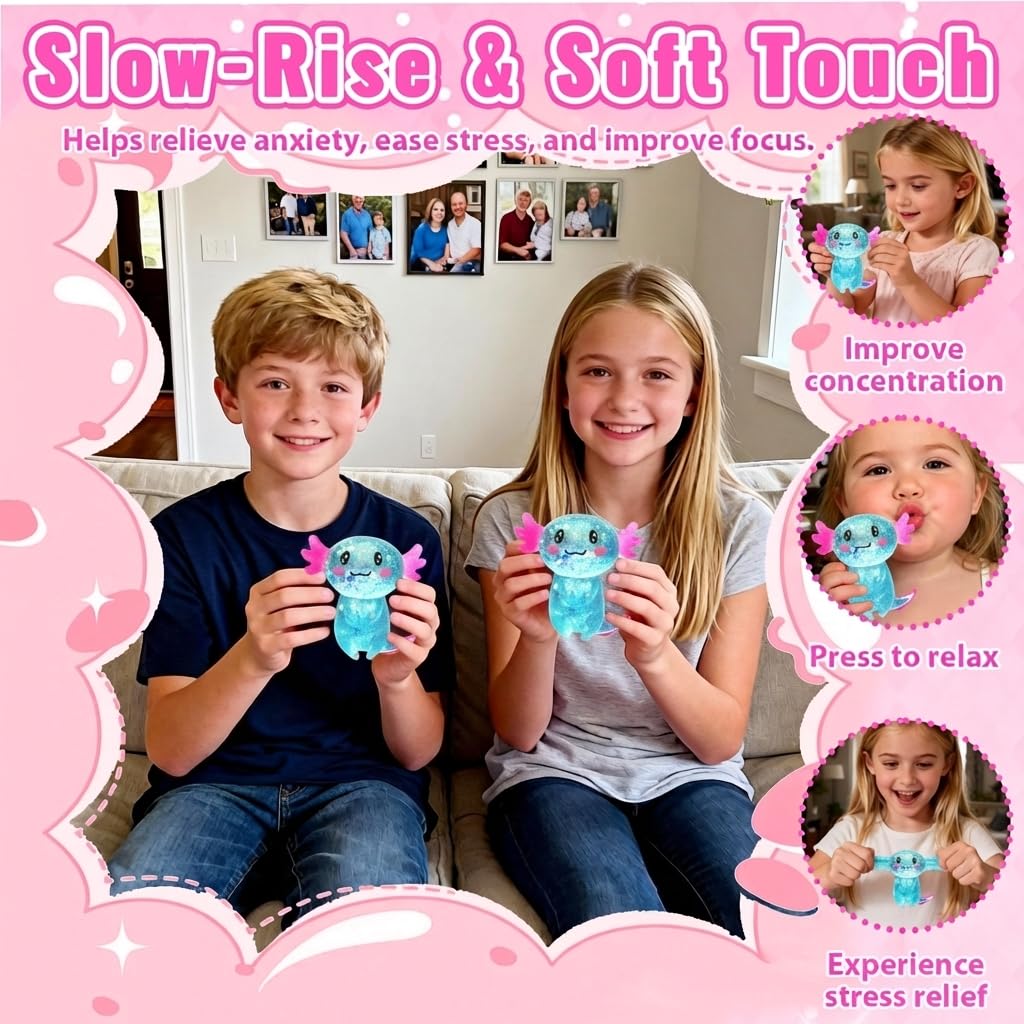Axolotl - Juguete blando para aliviar el estrés – Lindo juguete para apretar con purpurina para niños y adultos, juguete sensorial para aliviar la ansiedad, recuerdo de fiesta de escritorio | Soft TPR, Floating Glitter, squeeze toy, busy hands, stress rel