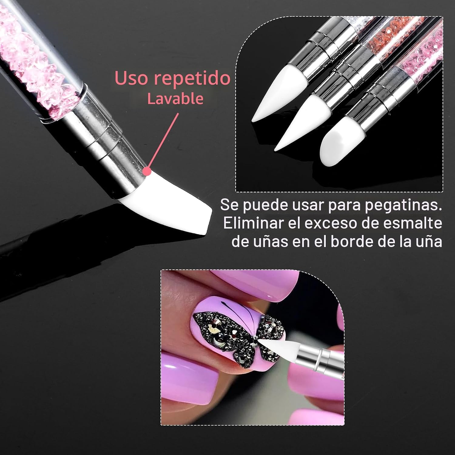3 bolígrafos de escultura para arte de uñas, herramientas de uñas de silicona de doble punta, cabeza de silicona, pinceles de arte de uñas con mango acrílico, bolígrafo de tallado de esmalte de uñas | Silicone Head Acrylic Handle Nail Art Brushes, Rhinest