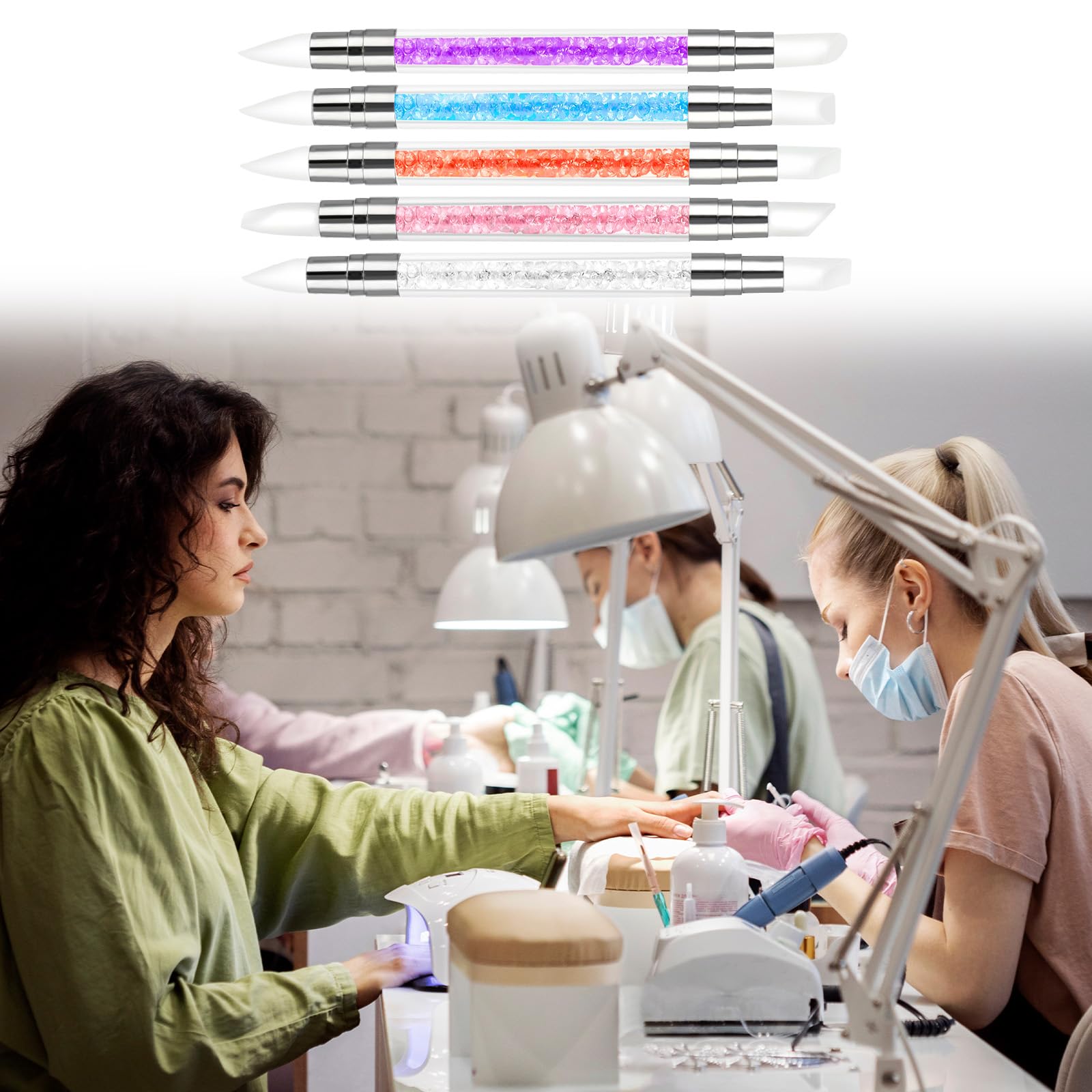 3 bolígrafos de escultura para arte de uñas, herramientas de uñas de silicona de doble punta, cabeza de silicona, pinceles de arte de uñas con mango acrílico, bolígrafo de tallado de esmalte de uñas | Silicone Head Acrylic Handle Nail Art Brushes, Rhinest