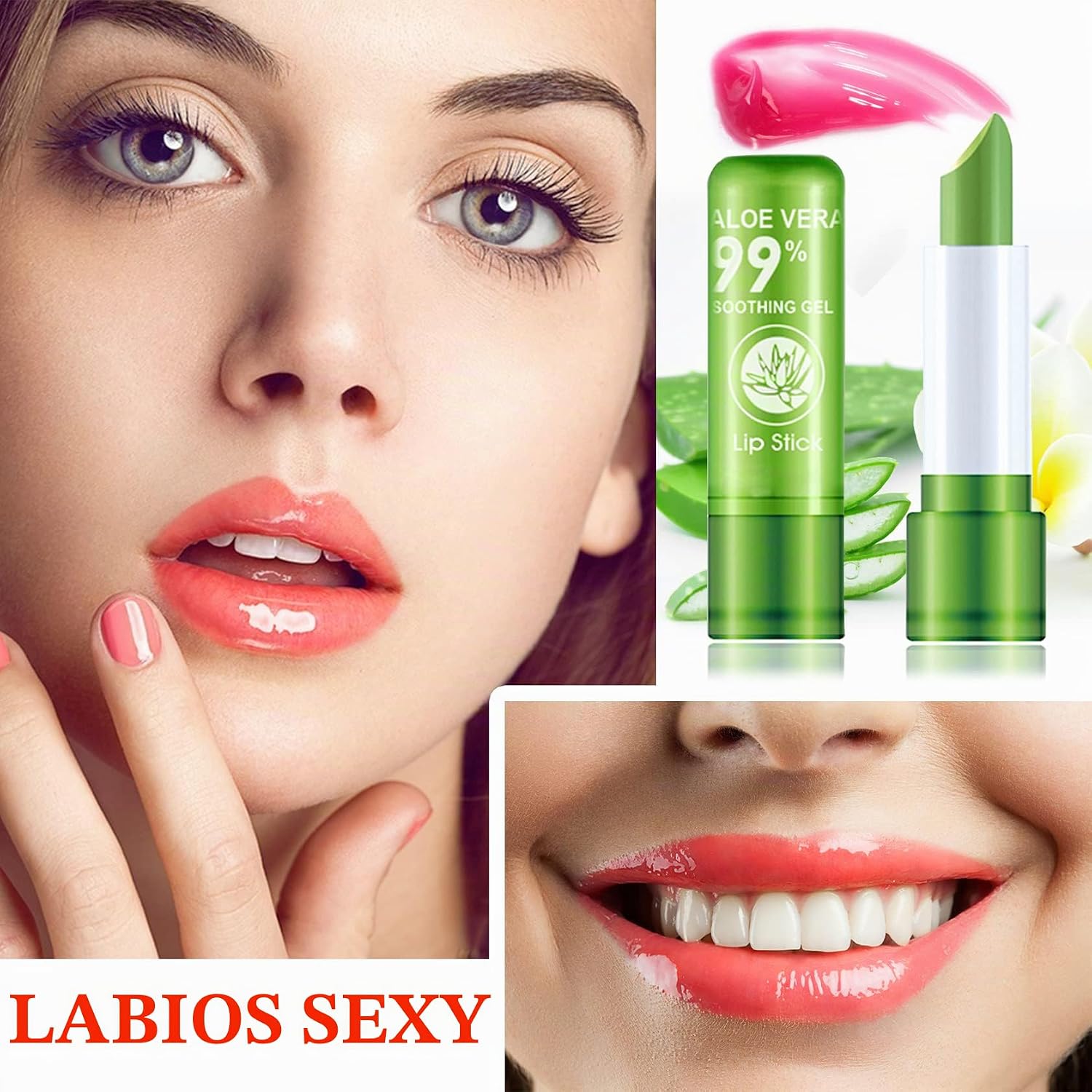 Labial de aloe vera, cuidado labial de larga duración, bálsamo labial nutritivo y voluminizador, brillo labial, cambio de color mágico con temperatura, 3 unidades