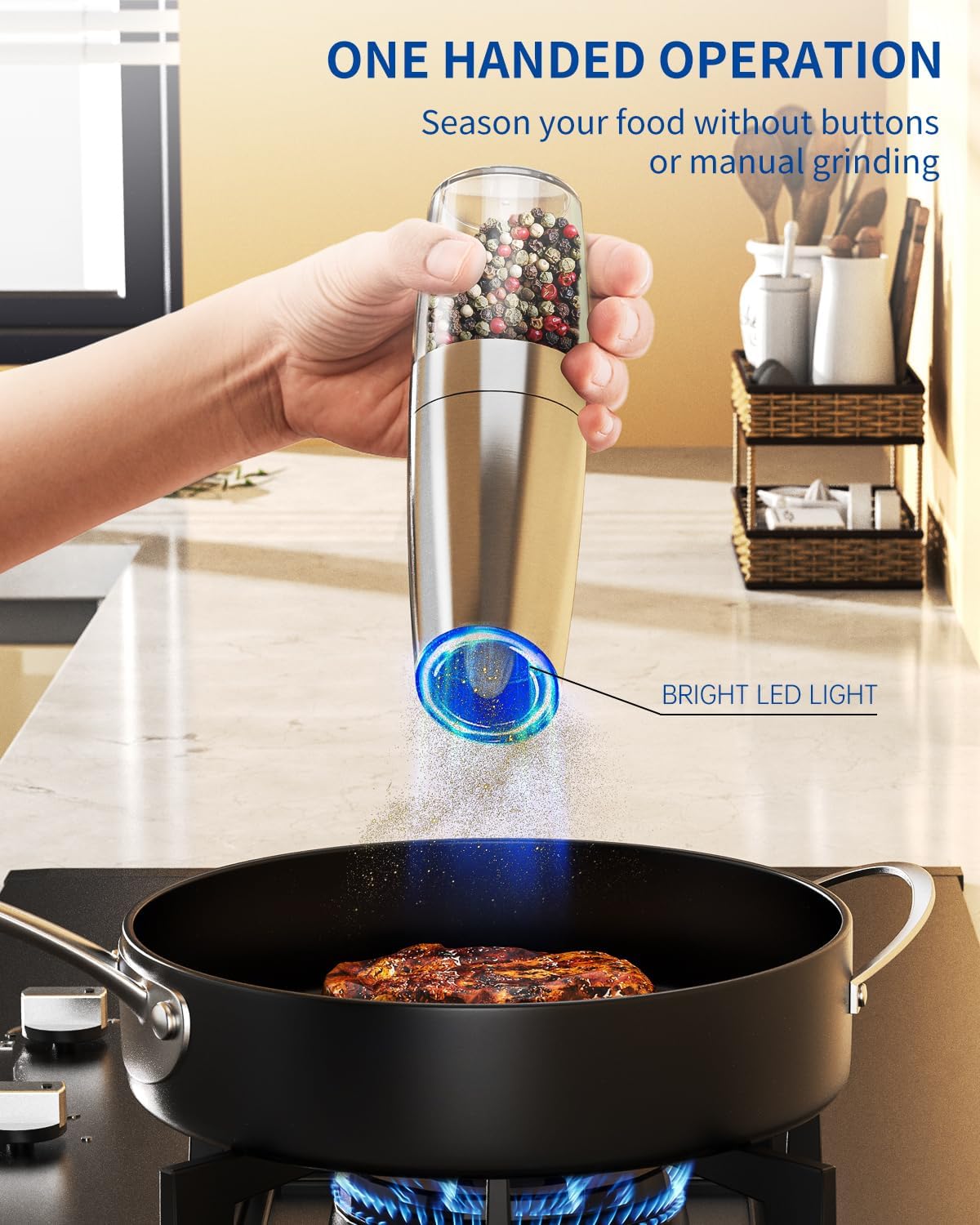 CIRCLE JOY Gravity - Juego de molinillo eléctrico de sal y pimienta con luz LED, funciona con pilas, grosor ajustable, gran capacidad, para el hogar, cocina, barbacoa