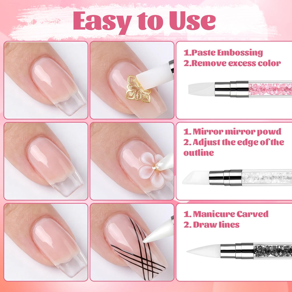 3 bolígrafos de escultura para arte de uñas, herramientas de uñas de silicona de doble punta, cabeza de silicona, pinceles de arte de uñas con mango acrílico, bolígrafo de tallado de esmalte de uñas | Silicone Head Acrylic Handle Nail Art Brushes, Rhinest
