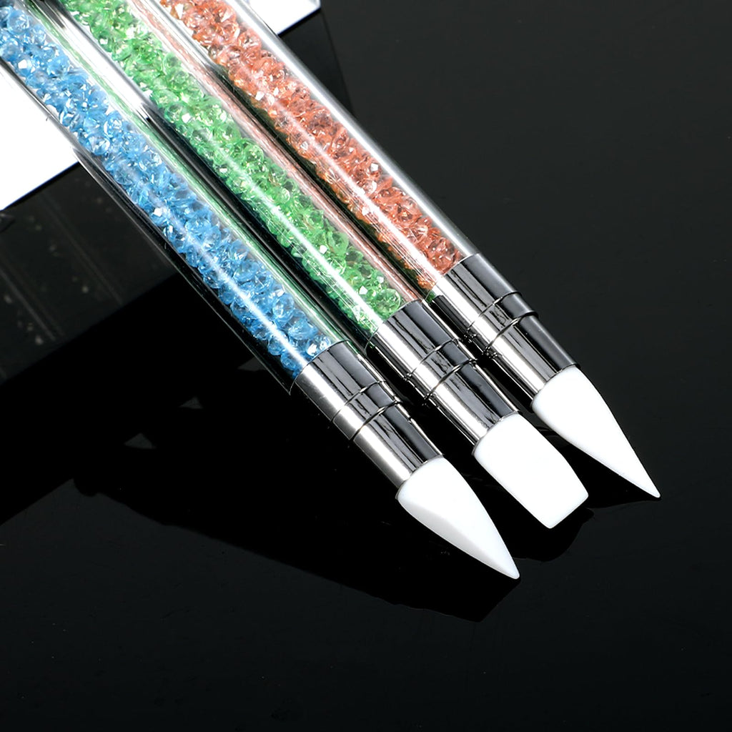 3 bolígrafos de escultura para arte de uñas, herramientas de uñas de silicona de doble punta, cabeza de silicona, pinceles de arte de uñas con mango acrílico, bolígrafo de tallado de esmalte de uñas | Silicone Head Acrylic Handle Nail Art Brushes, Rhinest
