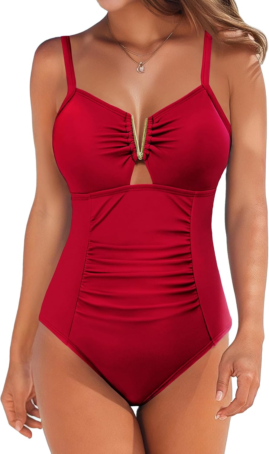 AI'MAGE Traje de baño de una pieza con control de abdomen para mujer, con cuello en V