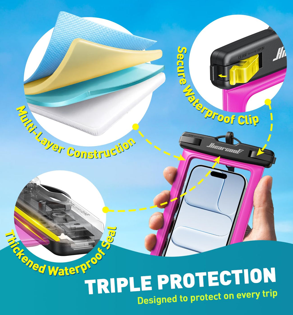Hiearcool Funda impermeable IPX8 para iPhone 17/16/15/14 Pro Max, bolsa seca para teléfono celular para artículos esenciales de playa y crucero, pantalla táctil, cordón incluido, paquete de 2 (se adapta a hasta 8.9 pulgadas)