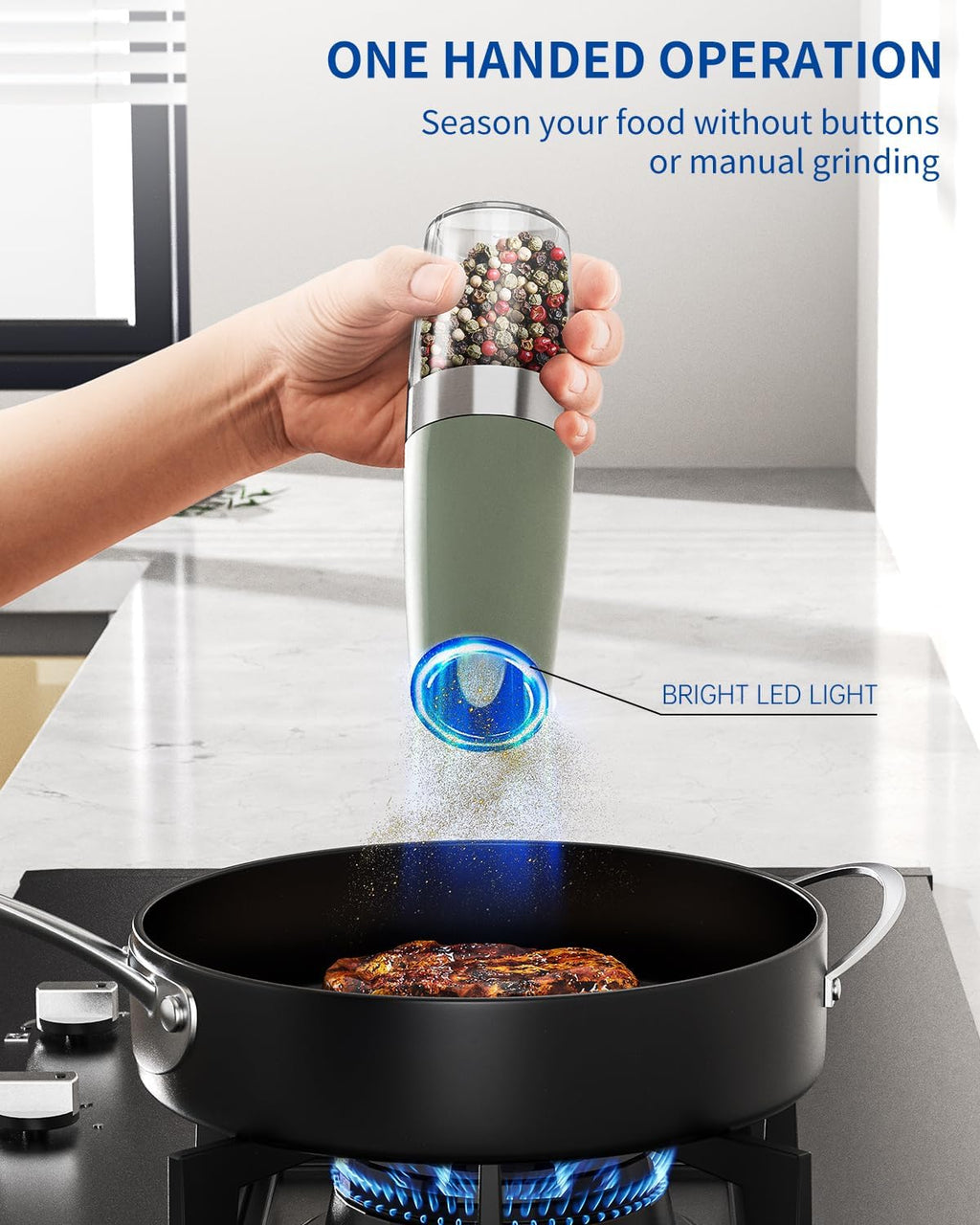 CIRCLE JOY Gravity - Juego de molinillo eléctrico de sal y pimienta con luz LED, funciona con pilas, grosor ajustable, gran capacidad, para el hogar, cocina, barbacoa