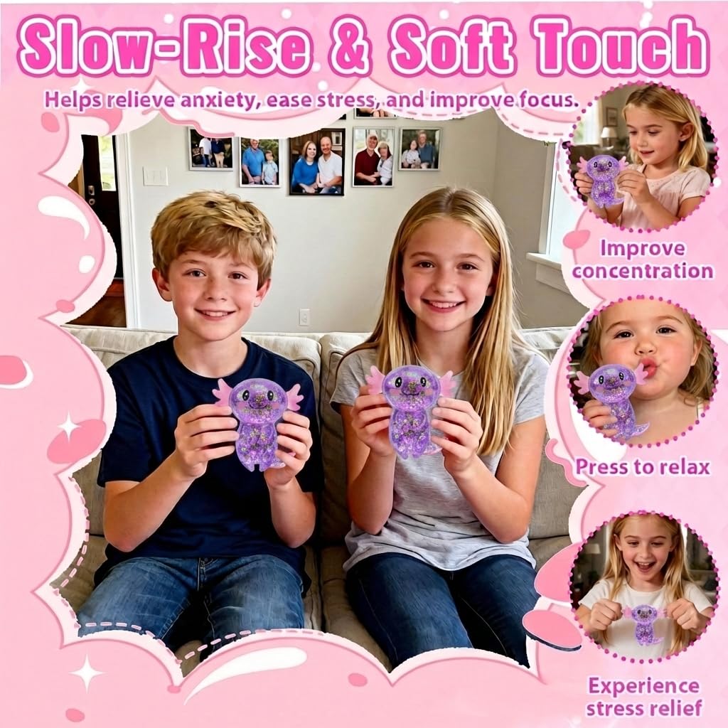 Axolotl - Juguete blando para aliviar el estrés – Lindo juguete para apretar con purpurina para niños y adultos, juguete sensorial para aliviar la ansiedad, recuerdo de fiesta de escritorio | Soft TPR, Floating Glitter, squeeze toy, busy hands, stress rel
