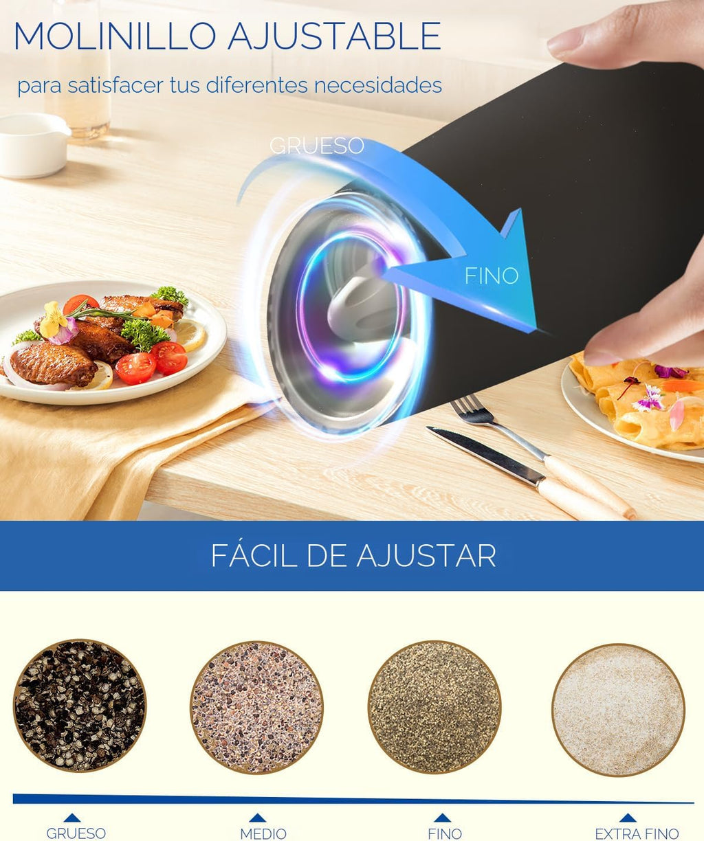 CIRCLE JOY Gravity - Juego de molinillo eléctrico de sal y pimienta con luz LED, funciona con pilas, grosor ajustable, gran capacidad, para el hogar, cocina, barbacoa