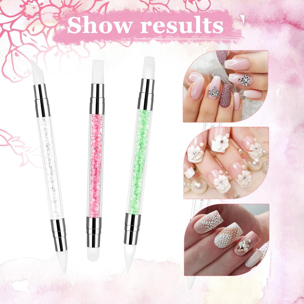 3 bolígrafos de escultura para arte de uñas, herramientas de uñas de silicona de doble punta, cabeza de silicona, pinceles de arte de uñas con mango acrílico, bolígrafo de tallado de esmalte de uñas | Silicone Head Acrylic Handle Nail Art Brushes, Rhinest