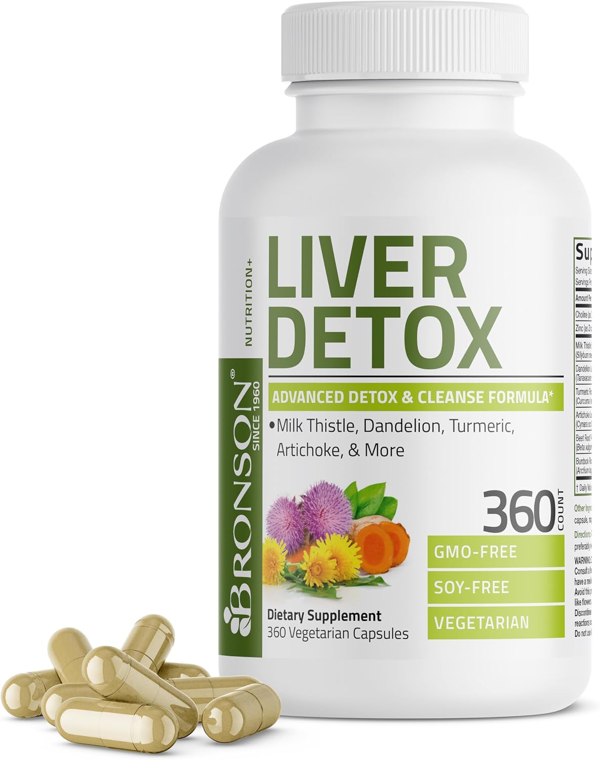 Bronson Desintoxicación Hepática Avanzada Fórmula de Limpieza y Descanso Apoya la Función Saludable del Hígado con Cardo Mariano, Raíz de Diente de León, Cúrcuma, Hoja de Alcachofa y Más, Sin GMO, 60 | Liver Health Support with Milk Thistle, Dandelion Ext