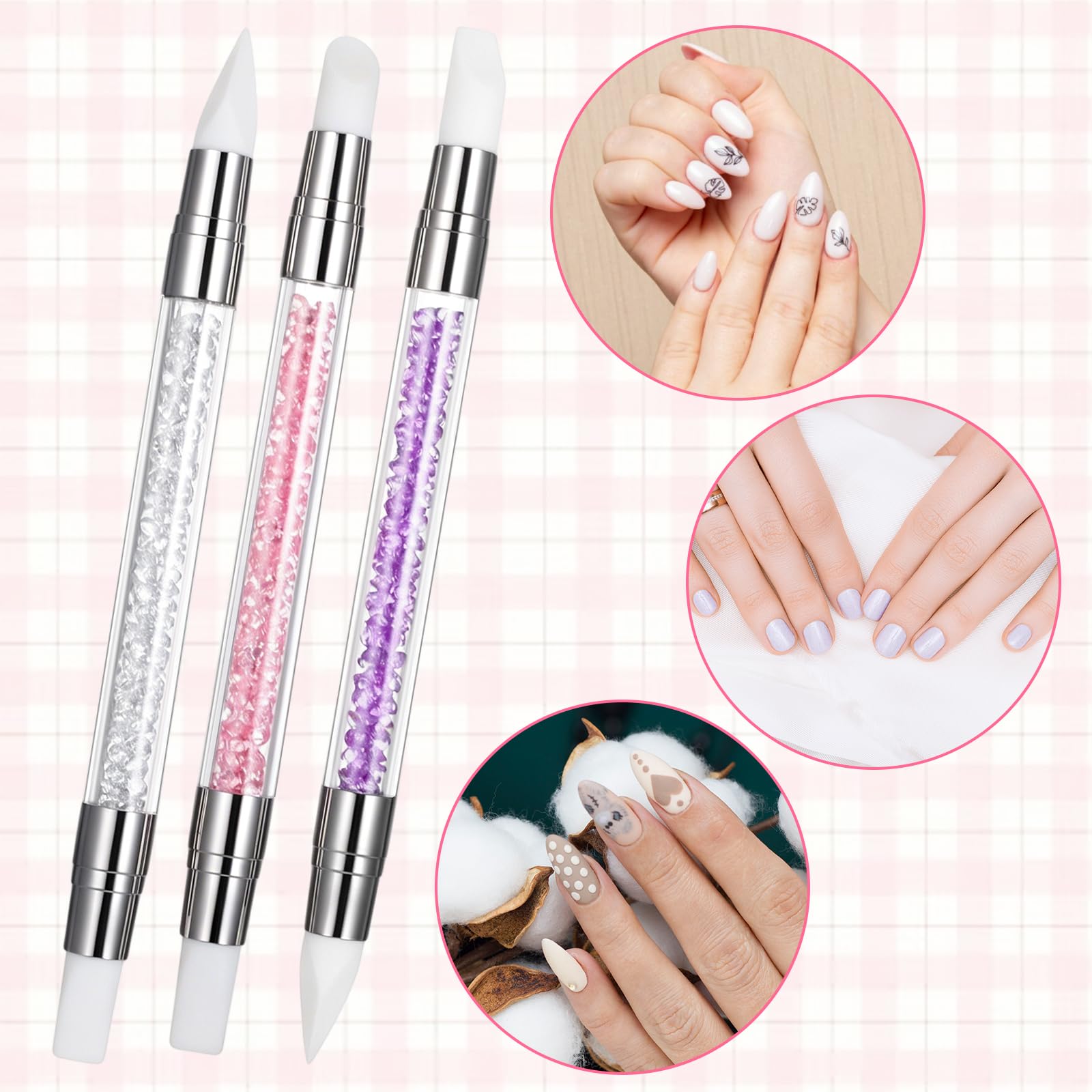 3 bolígrafos de escultura para arte de uñas, herramientas de uñas de silicona de doble punta, cabeza de silicona, pinceles de arte de uñas con mango acrílico, bolígrafo de tallado de esmalte de uñas | Silicone Head Acrylic Handle Nail Art Brushes, Rhinest