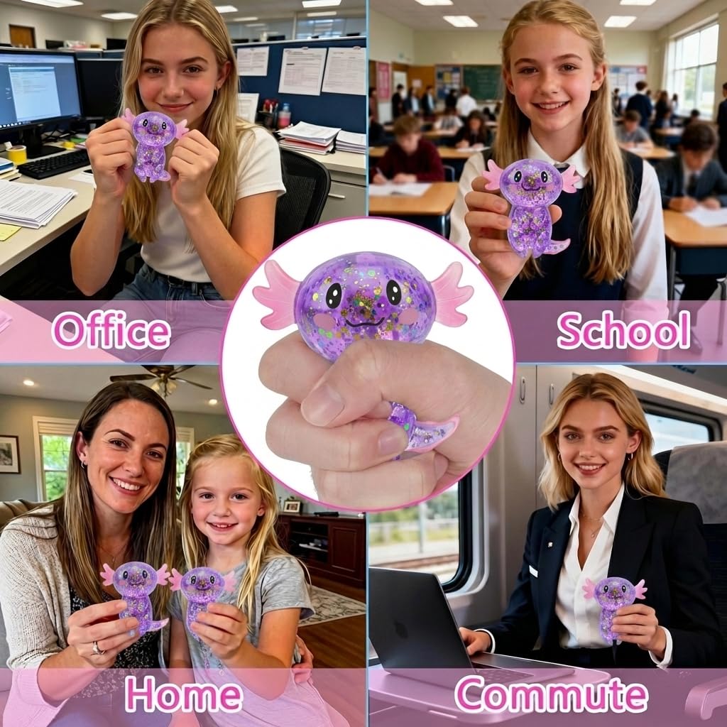 Axolotl - Juguete blando para aliviar el estrés – Lindo juguete para apretar con purpurina para niños y adultos, juguete sensorial para aliviar la ansiedad, recuerdo de fiesta de escritorio | Soft TPR, Floating Glitter, squeeze toy, busy hands, stress rel