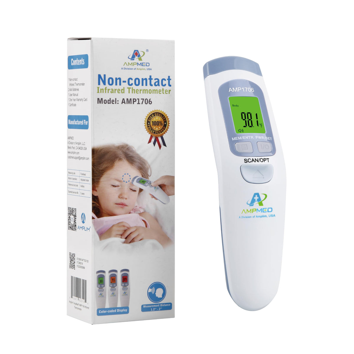 Termómetro de frente de grado médico Amplim para adultos, niños, bebés, termómetro infrarrojo digital sin contacto, lectura instantánea, detección precisa y rápida de fiebre, para uso en casa, clínica | Para adultos, niños, bebés, detección digital de fie