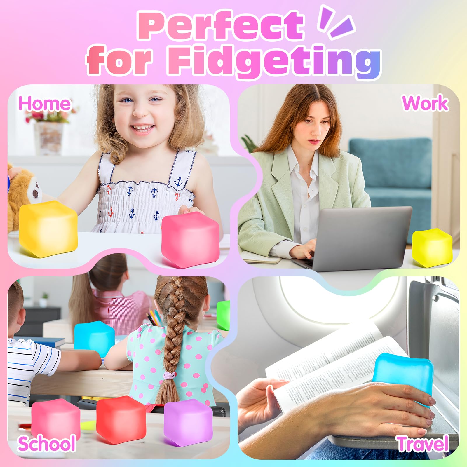 Paquete de 4 Cubos Antiestrés, Pelotas Antiestrés con Forma de Cubo de Hielo de Elevación Lenta para Adultos y Niños, Juguete Sensorial Fidget para Alivio de Ansiedad, Pelotas Blandas de Forma | Sensory Fidget Toy for Anxiety Relief, Square Shape Cube Squ