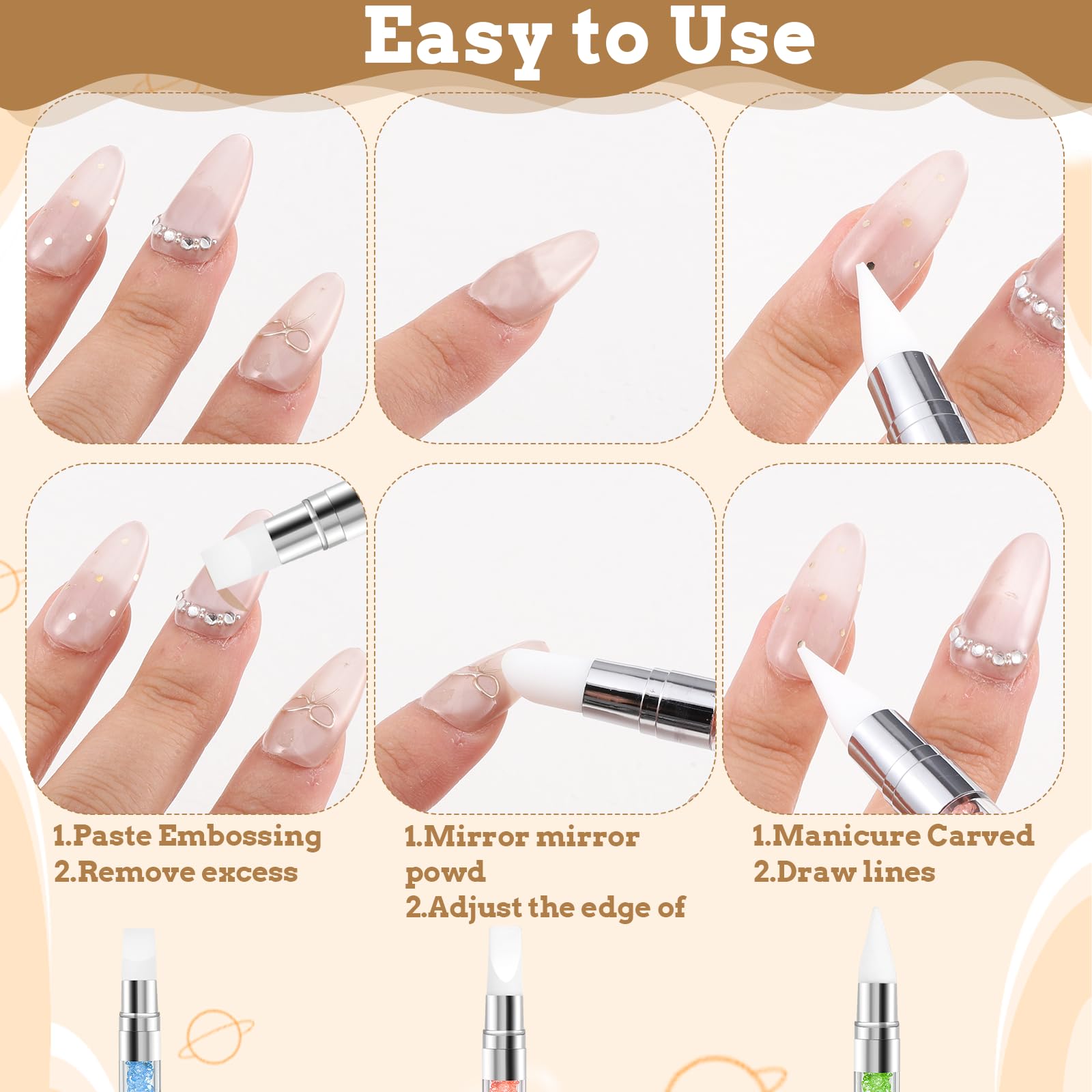 3 bolígrafos de escultura para arte de uñas, herramientas de uñas de silicona de doble punta, cabeza de silicona, pinceles de arte de uñas con mango acrílico, bolígrafo de tallado de esmalte de uñas | Silicone Head Acrylic Handle Nail Art Brushes, Rhinest