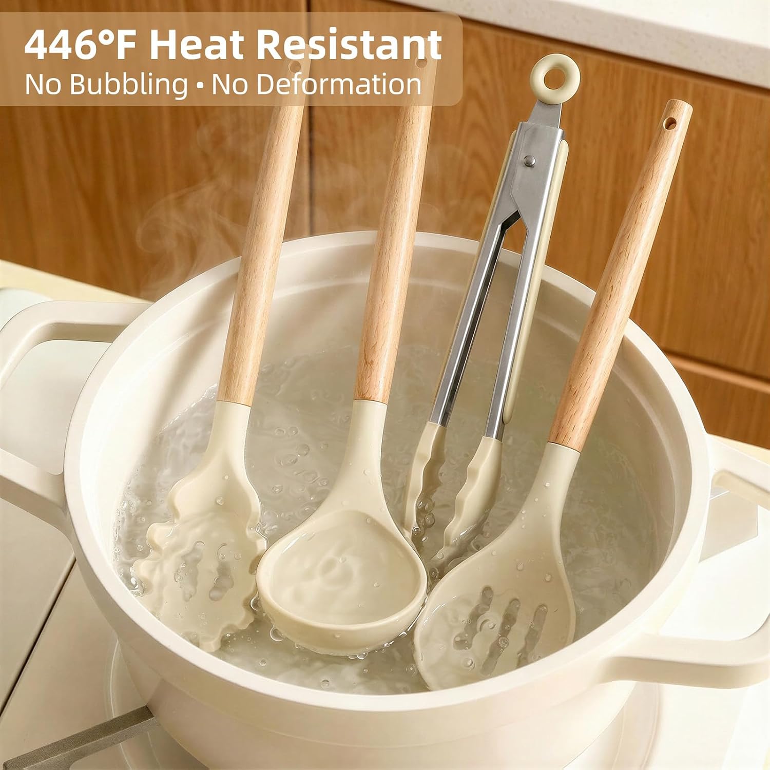 Juego de utensilios de cocina de silicona 33 piezas, grado alimenticio resistente al calor | Juego de utensilios de cocina de silicona antiadherentes sin BPA, con soporte, mango de madera de tacto frío (caqui)