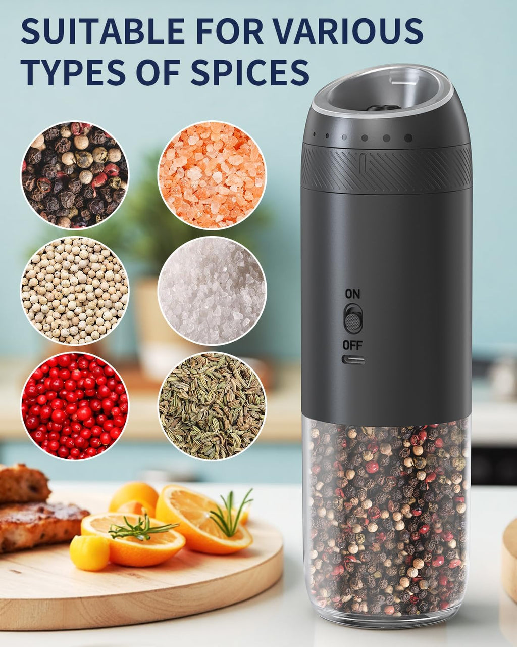CIRCLE JOY Gravity - Juego de molinillo eléctrico de sal y pimienta con luz LED, funciona con pilas, grosor ajustable, gran capacidad, para el hogar, cocina, barbacoa