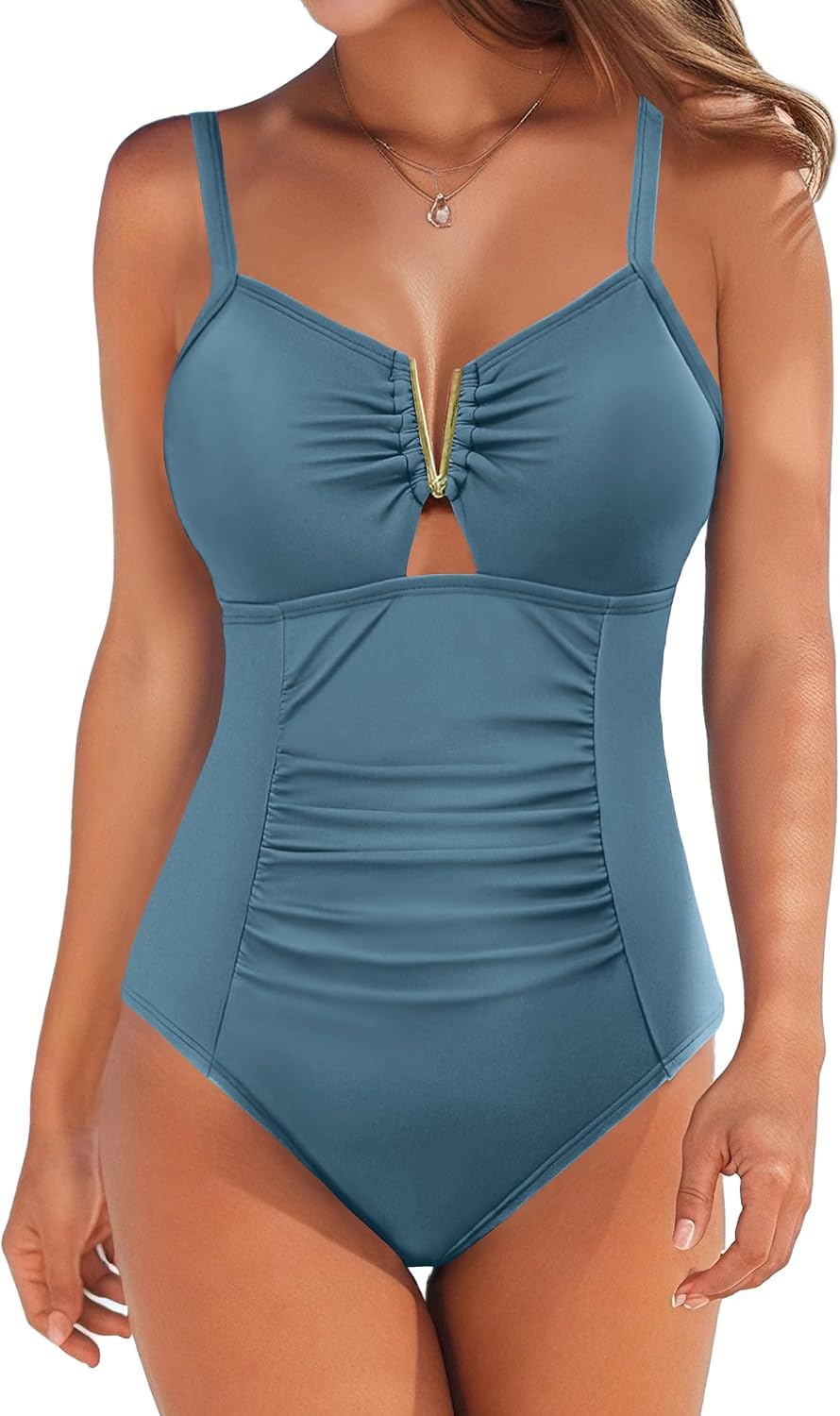 AI'MAGE Traje de baño de una pieza con control de abdomen para mujer, con cuello en V