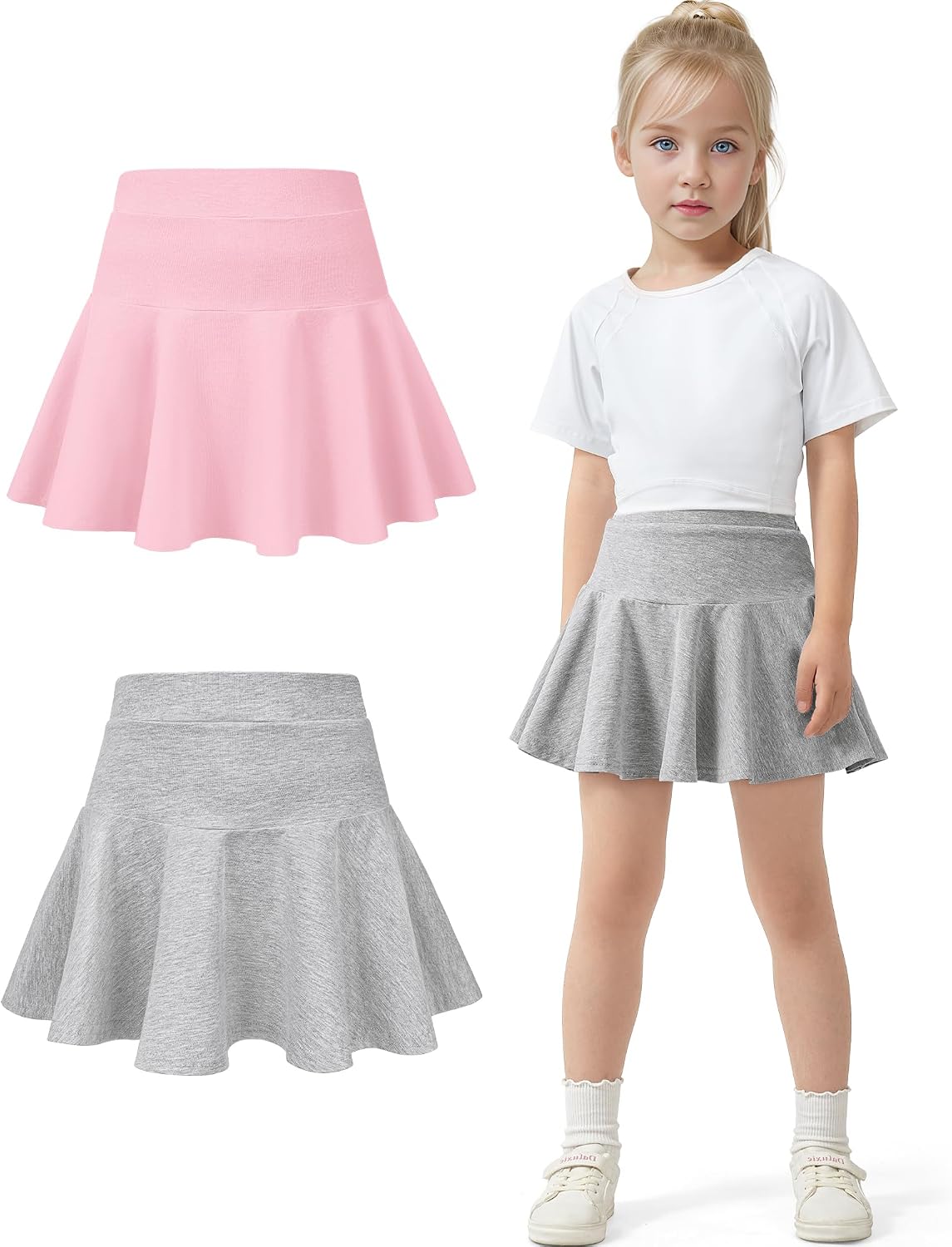 BOOPH Paquete de 2 faldas de uniforme deportivo para niñas pequeñas con pantalones cortos | Faldas de tenis francés con bolsillos para niños de 2 a 9 años