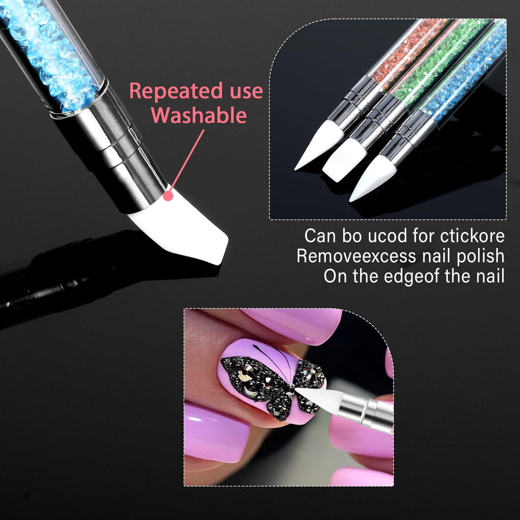 3 bolígrafos de escultura para arte de uñas, herramientas de uñas de silicona de doble punta, cabeza de silicona, pinceles de arte de uñas con mango acrílico, bolígrafo de tallado de esmalte de uñas | Silicone Head Acrylic Handle Nail Art Brushes, Rhinest