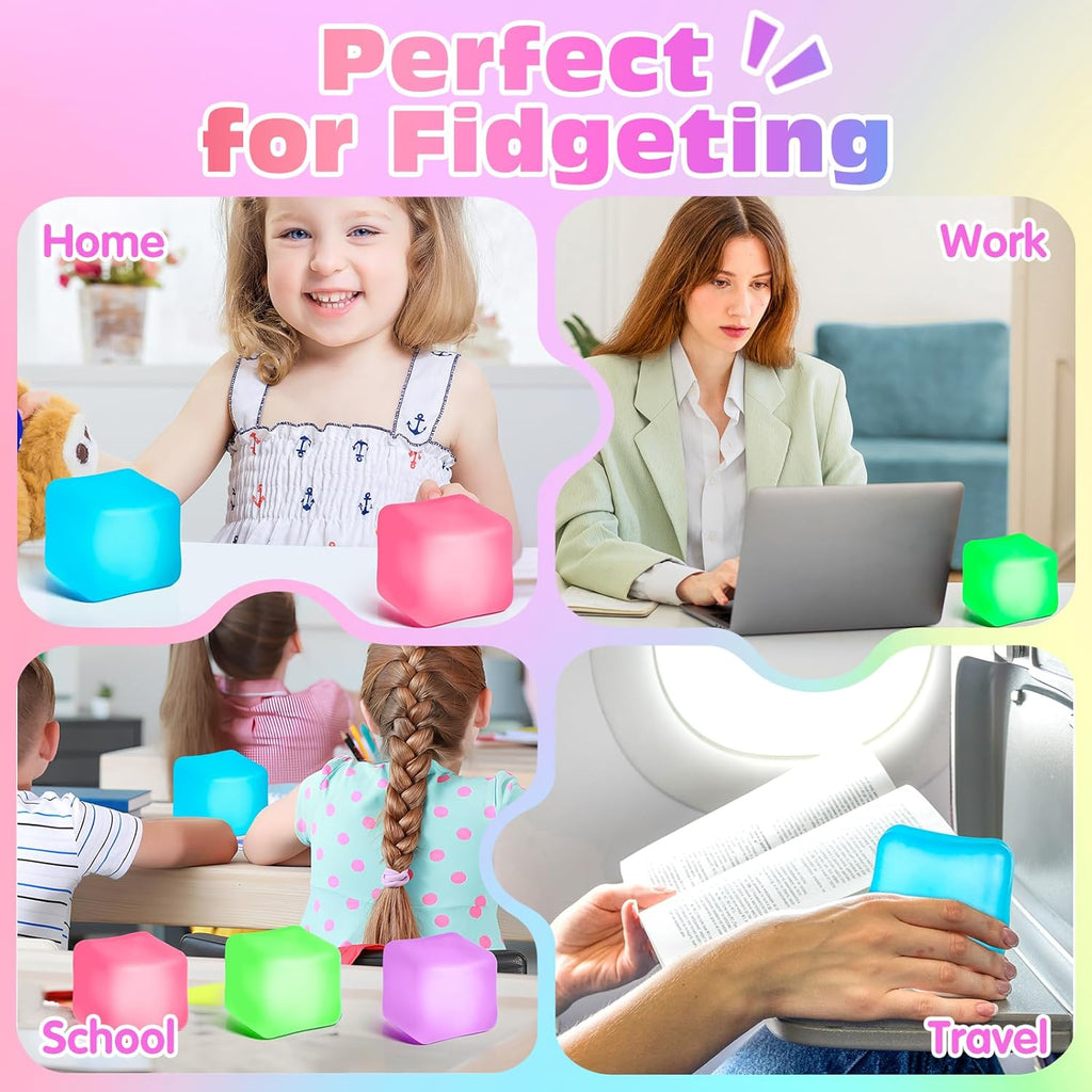 Paquete de 4 Cubos Antiestrés, Pelotas Antiestrés con Forma de Cubo de Hielo de Elevación Lenta para Adultos y Niños, Juguete Sensorial Fidget para Alivio de Ansiedad, Pelotas Blandas de Forma | Sensory Fidget Toy for Anxiety Relief, Square Shape Cube Squ