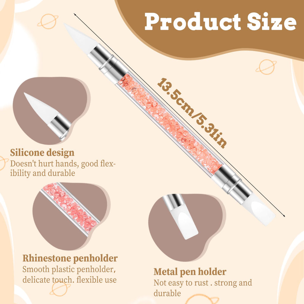3 bolígrafos de escultura para arte de uñas, herramientas de uñas de silicona de doble punta, cabeza de silicona, pinceles de arte de uñas con mango acrílico, bolígrafo de tallado de esmalte de uñas | Silicone Head Acrylic Handle Nail Art Brushes, Rhinest