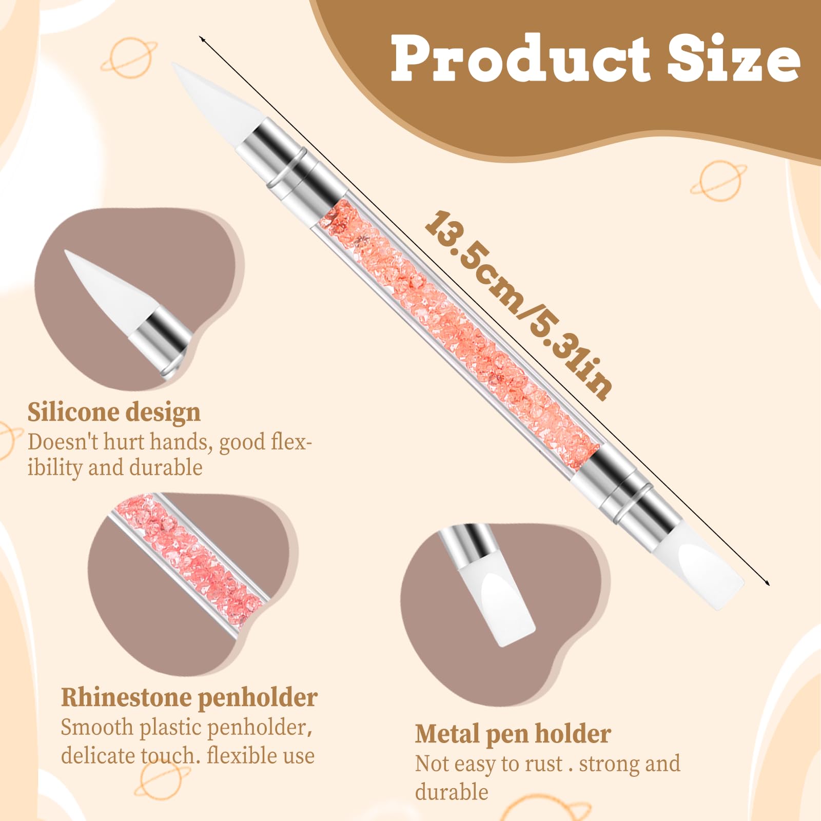 3 bolígrafos de escultura para arte de uñas, herramientas de uñas de silicona de doble punta, cabeza de silicona, pinceles de arte de uñas con mango acrílico, bolígrafo de tallado de esmalte de uñas | Silicone Head Acrylic Handle Nail Art Brushes, Rhinest