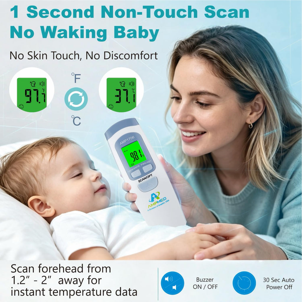 Termómetro de frente de grado médico Amplim para adultos, niños, bebés, termómetro infrarrojo digital sin contacto, lectura instantánea, detección precisa y rápida de fiebre, para uso en casa, clínica | Para adultos, niños, bebés, detección digital de fie