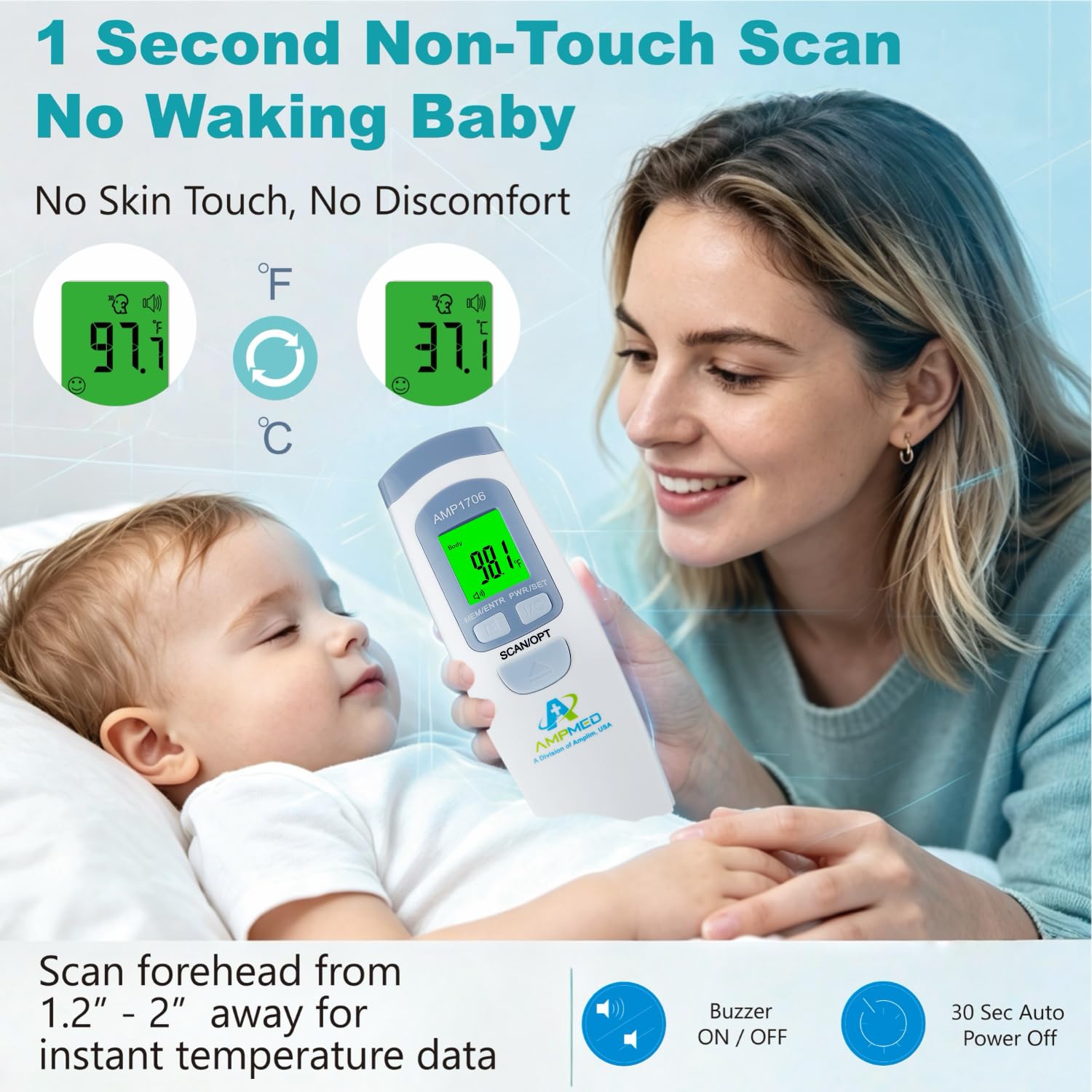 Termómetro de frente de grado médico Amplim para adultos, niños, bebés, termómetro infrarrojo digital sin contacto, lectura instantánea, detección precisa y rápida de fiebre, para uso en casa, clínica | Para adultos, niños, bebés, detección digital de fie