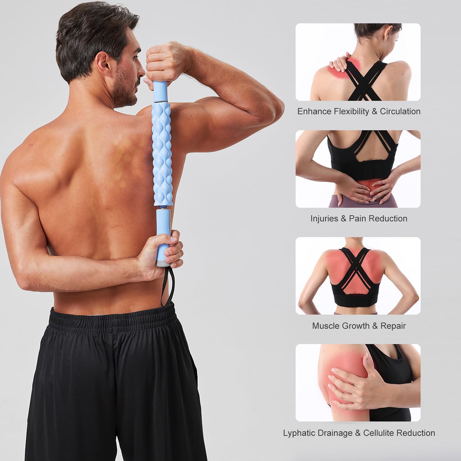 Rodillo de Masaje Muscular Bastón Rodillo de Masaje - Destructor de Fascia de Tejido Profundo para Alivio del Dolor Miofascial, Drenaje Linfático y Escultura Corporal, Herramienta Portátil de