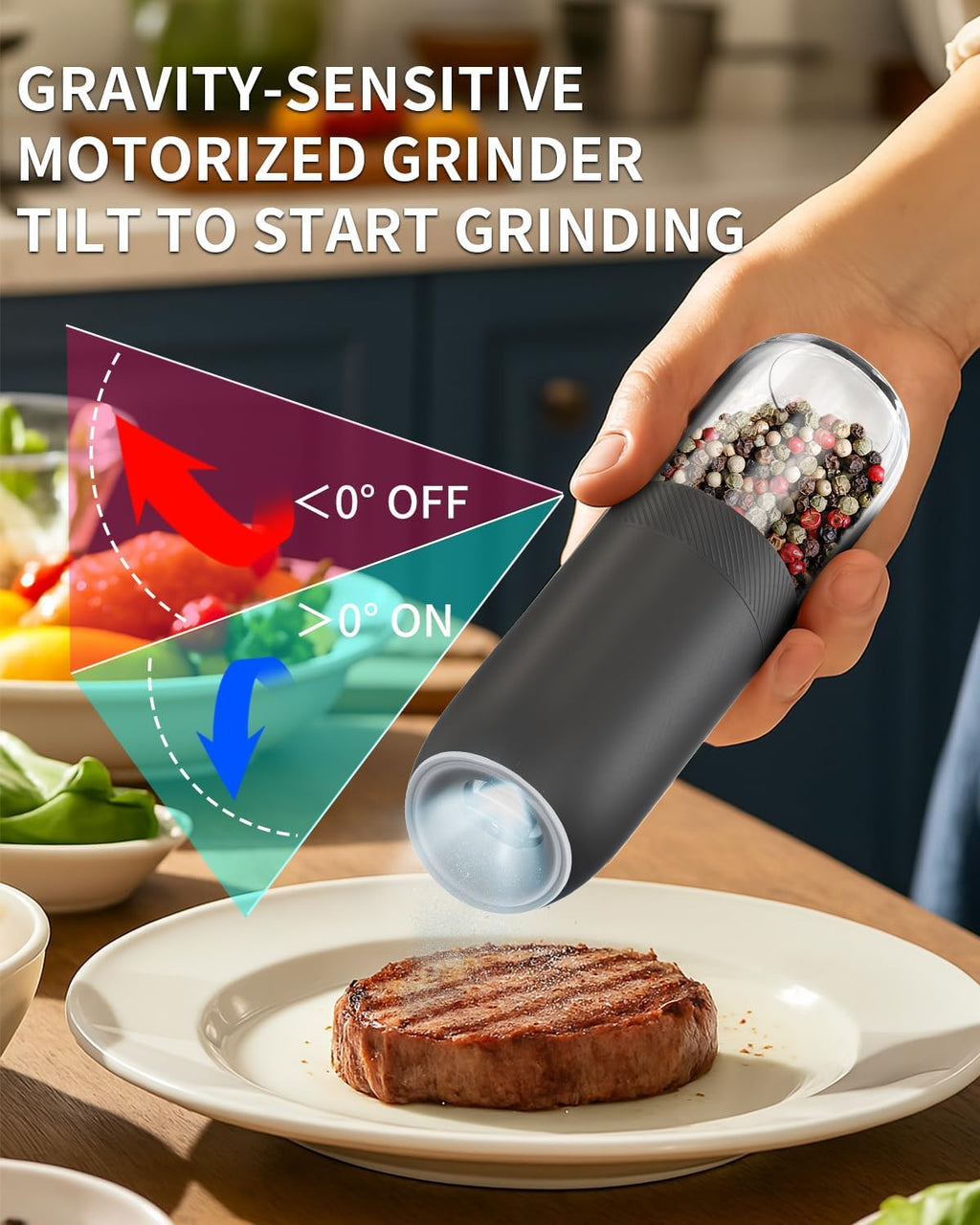 CIRCLE JOY Gravity - Juego de molinillo eléctrico de sal y pimienta con luz LED, funciona con pilas, grosor ajustable, gran capacidad, para el hogar, cocina, barbacoa