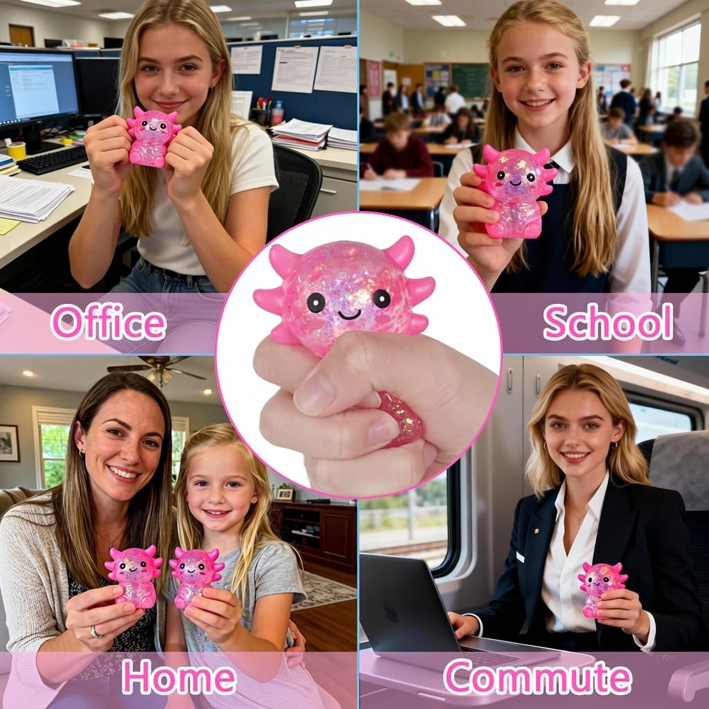 Axolotl - Juguete blando para aliviar el estrés – Lindo juguete para apretar con purpurina para niños y adultos, juguete sensorial para aliviar la ansiedad, recuerdo de fiesta de escritorio | Soft TPR, Floating Glitter, squeeze toy, busy hands, stress rel