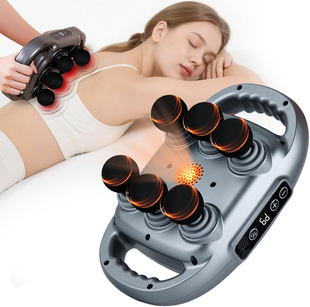 UFFAE Pistola de masaje de 6 cabezas, masajeador de espalda, alivio del dolor, masajeador de percusión de tejido profundo con 9 niveles y 9 modos, herramienta de masajeador eléctrico para piernas