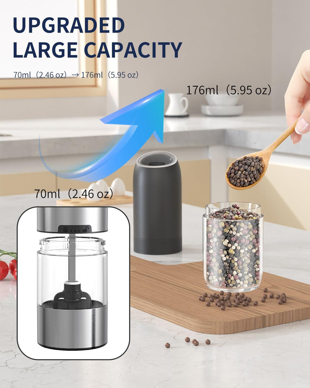 CIRCLE JOY Gravity - Juego de molinillo eléctrico de sal y pimienta con luz LED, funciona con pilas, grosor ajustable, gran capacidad, para el hogar, cocina, barbacoa
