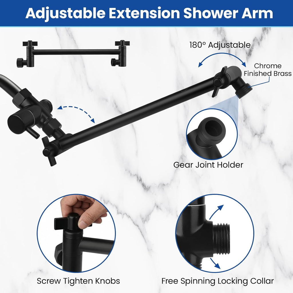Cabezal de ducha de alta presión de 10 pulgadas, cabezal de ducha de mano con brazo de extensión de 11 pulgadas, cabezal antifugas de 9 ajustes con soporte, altura/ángulo ajustable, cromo, negro mate | 9 Settings, Anti-leak Shower Head with 11'' Extension